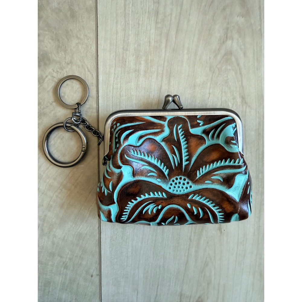 Patricia Nash Borse Tooled Turquoise Leather Framed Coin Purse Key Ring